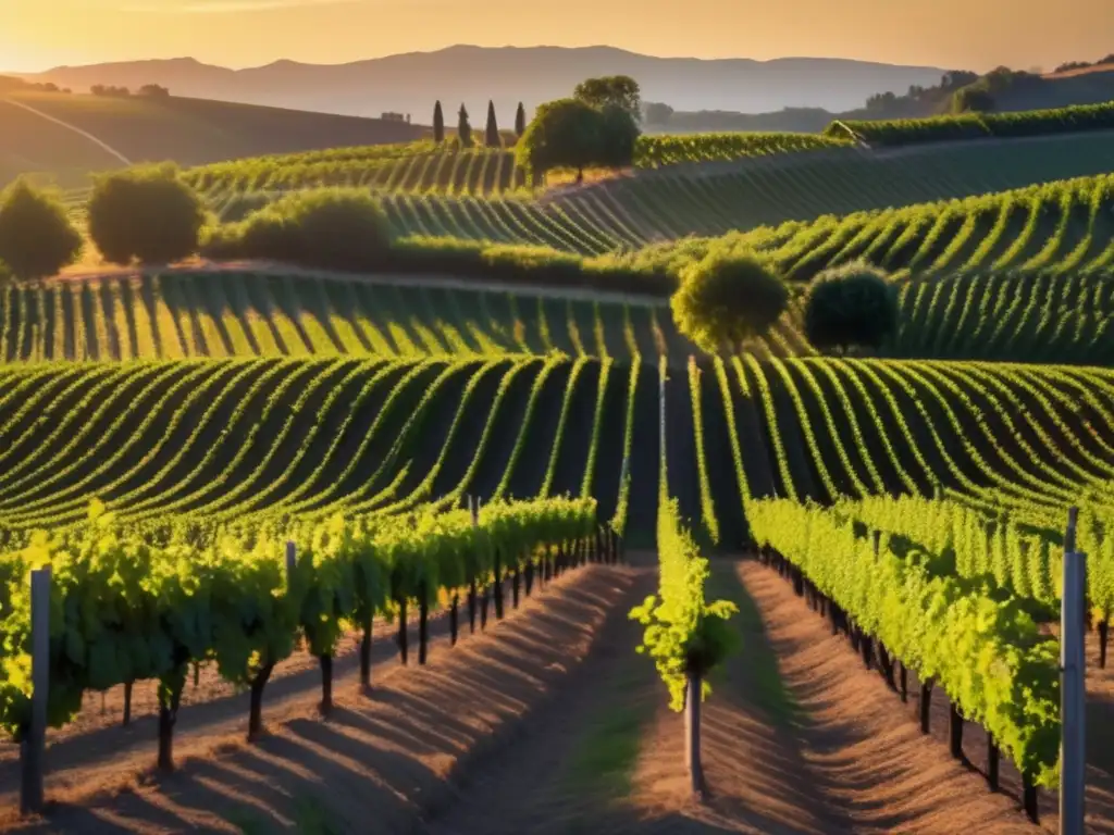 Vinos orgánicos: Vineyard sereno y orgánico al atardecer, con filas de vides alineadas y hojas verdes vibrantes contrastando con el sol dorado