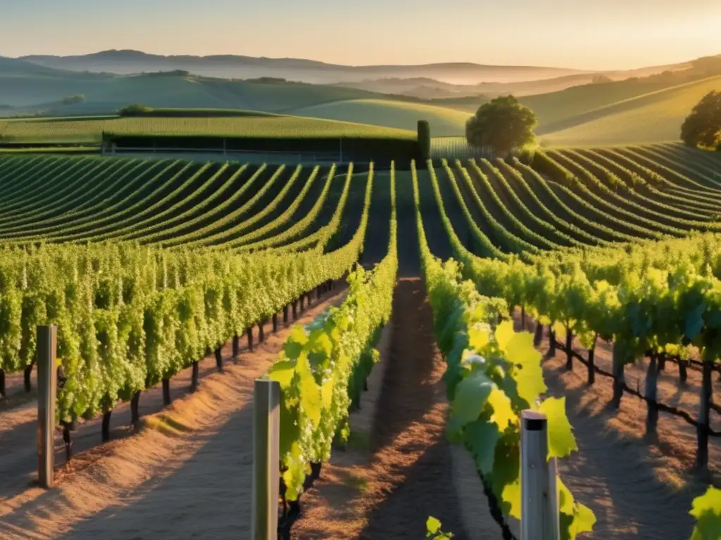 Vinos orgánicos: viñedo al amanecer, detalle en 8k