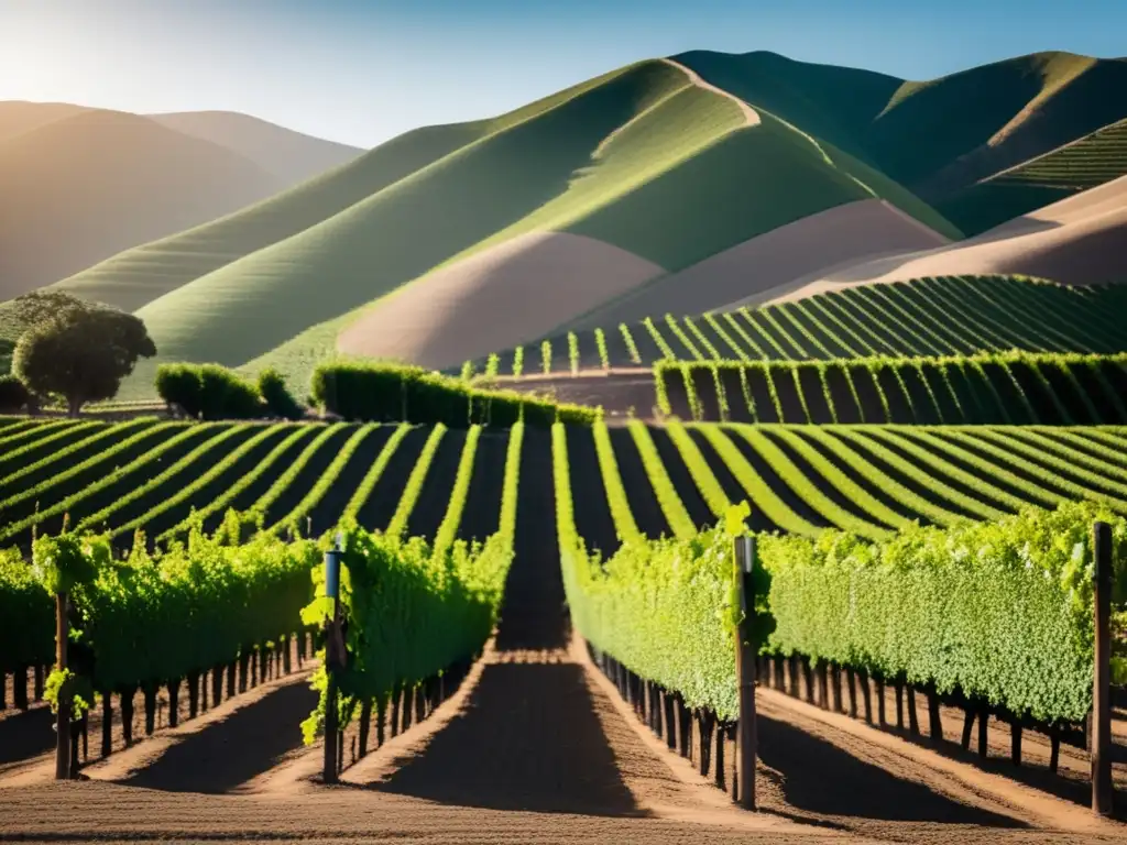 Vinos peruanos: legado emergente en una elegante y minimalista imagen de un viñedo meticulosamente cuidado