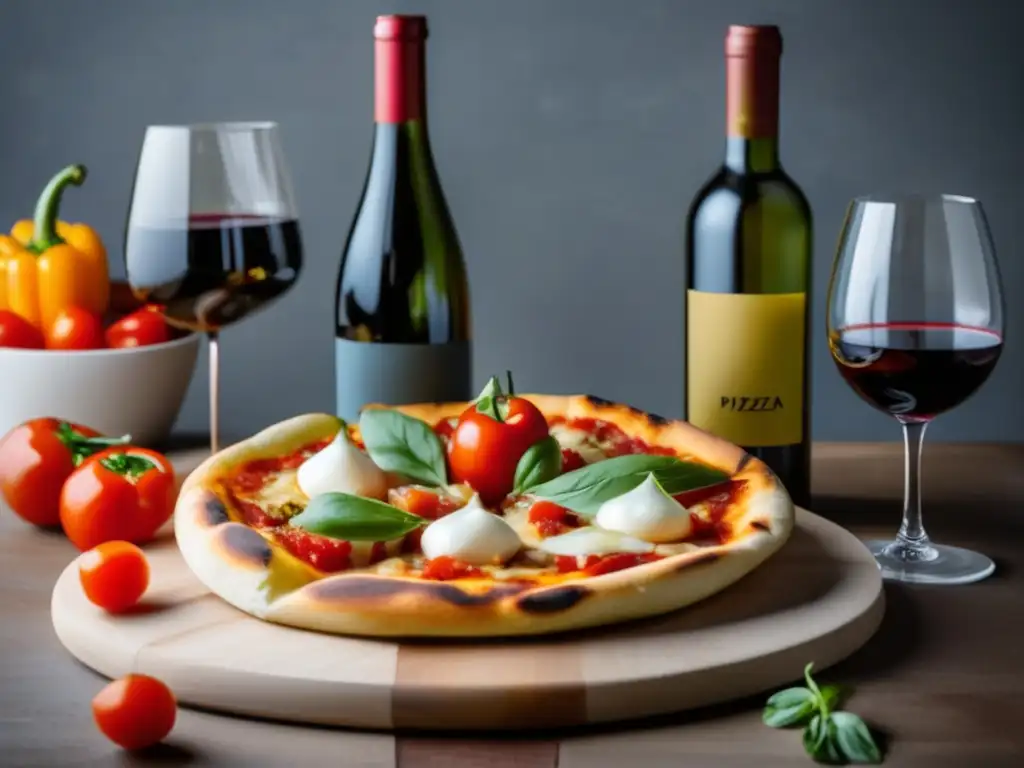 Vinos para maridar con pizzas: Tres copas de vino junto a pizzas clásica Margherita, vegetal y de carne