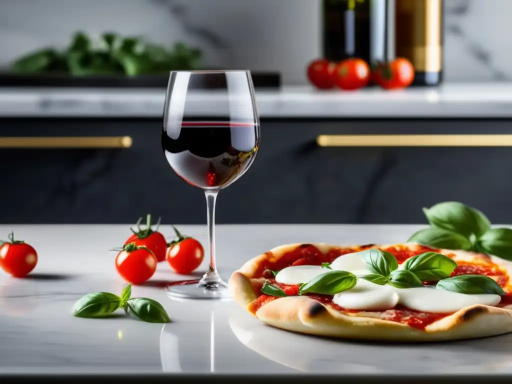 Vinos para maridar con pizzas: Deliciosa pizza Margherita y copa de vino tinto en una encimera de mármol blanco