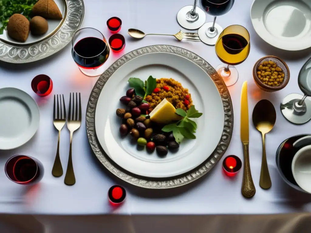 Vinos para platos etíopes exóticos en una mesa elegante con platos y copas