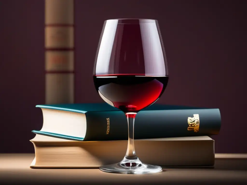 Vinos preferidos escritores famosos: copa vino rojo sobre libros clásicos, fusión elegante literatura y vino