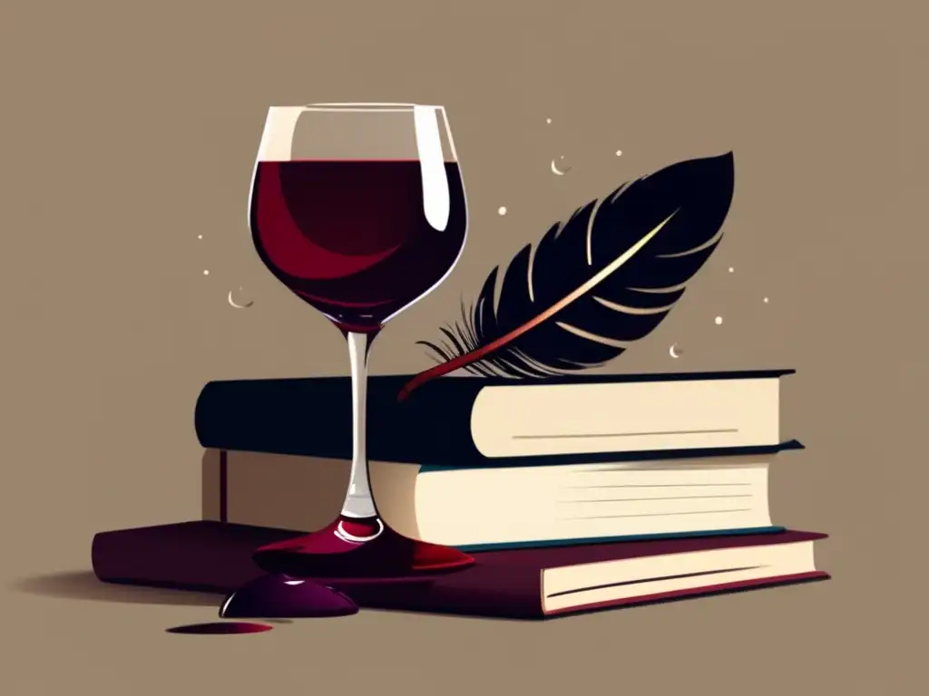 Vinos preferidos escritores famosos - Ilustración minimalista de copa de vino, pluma y libros