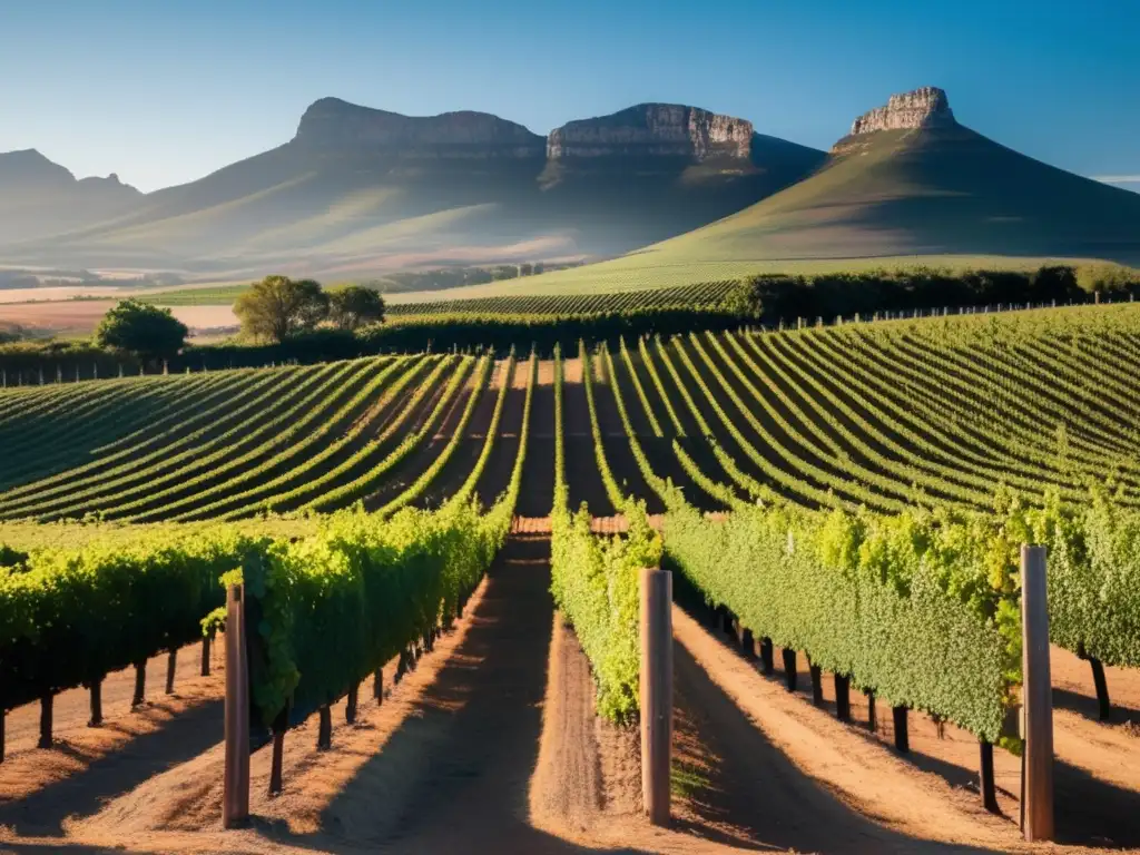 Vinos premiados Sudáfrica, viñedo sereno y bello bajo el sol dorado