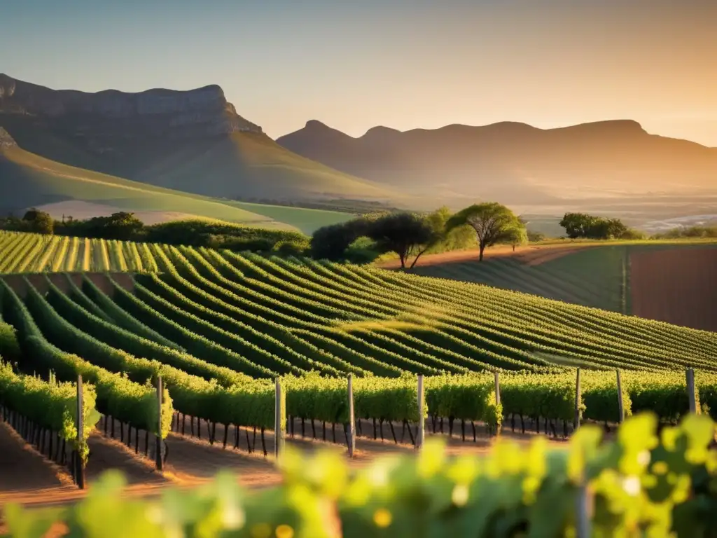 Vinos premiados Sudáfrica: viñedo minimalista al atardecer, colinas verdes y filas de uvas capturan la belleza serena de la región vinícola