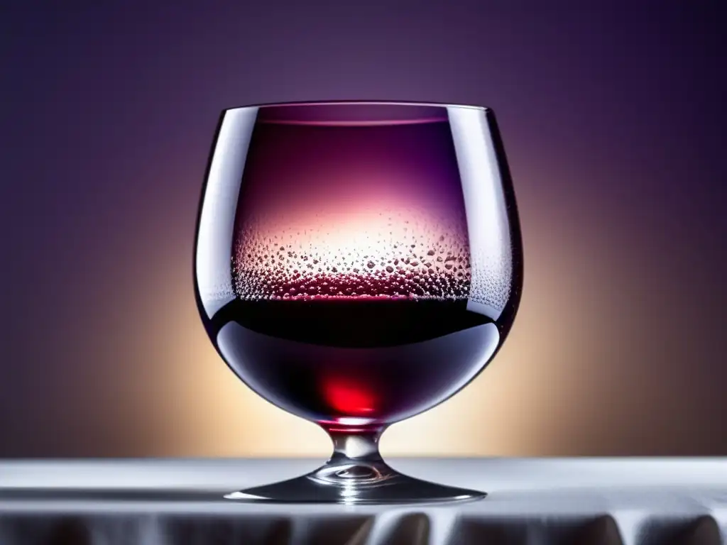 Guía cata vinos principiantes - Copa vino minimalista iluminada, con vino rojo intenso y condensación