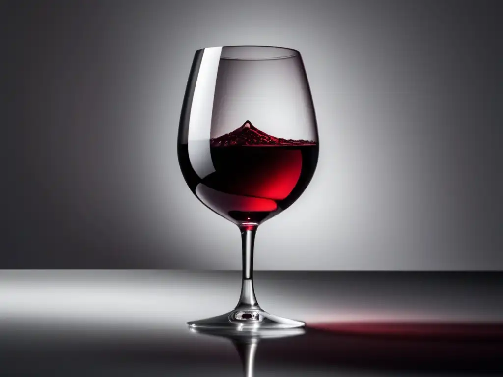 Guía cata vinos principiantes: Copa minimalista de vino tinto en superficie blanca iluminada, resalta su elegante forma y color rubí