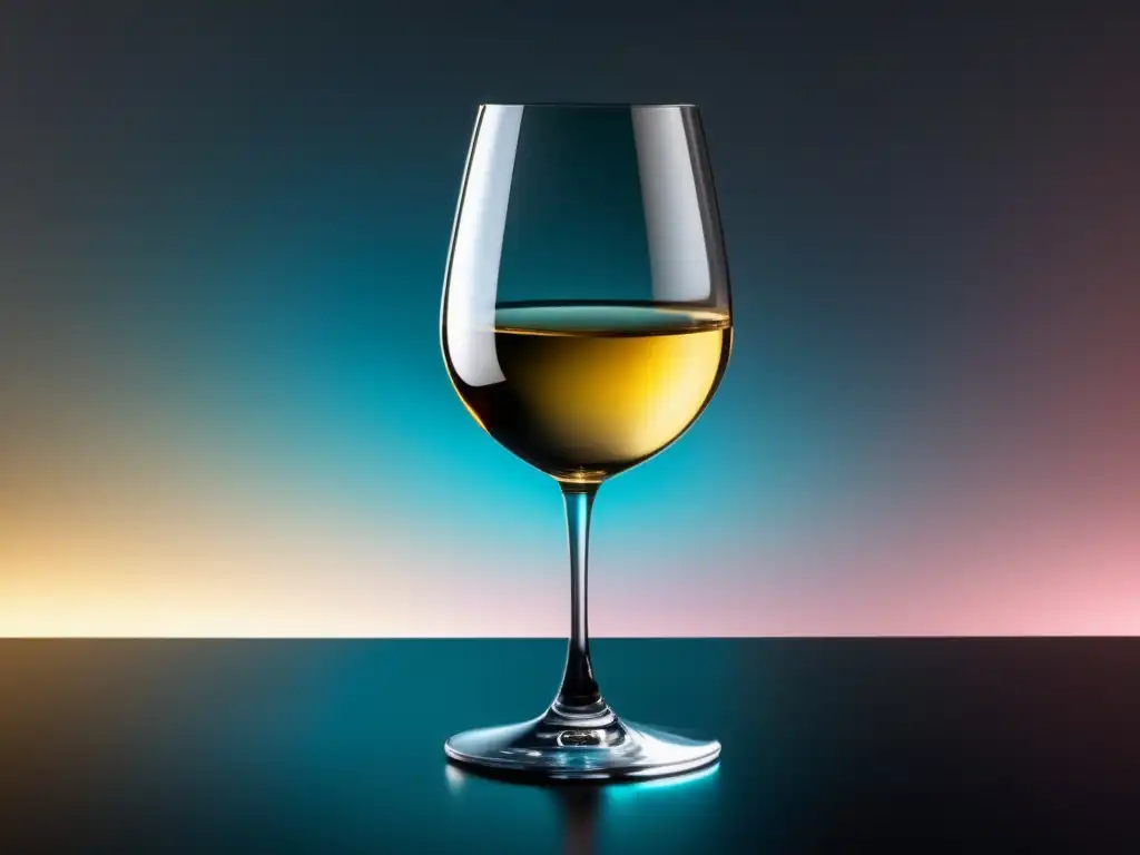 Guía cata vinos principiantes - Copa de vino blanco sobre superficie negra brillante con vino dorado chispeante y fondo degradado suave