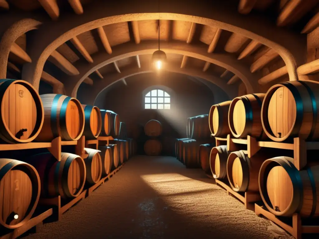 Vinos en relatos misterio y suspense: bodega subterránea con barriles de madera, luz tenue, arañas, rayos de luz, botella vintage, libros antiguos