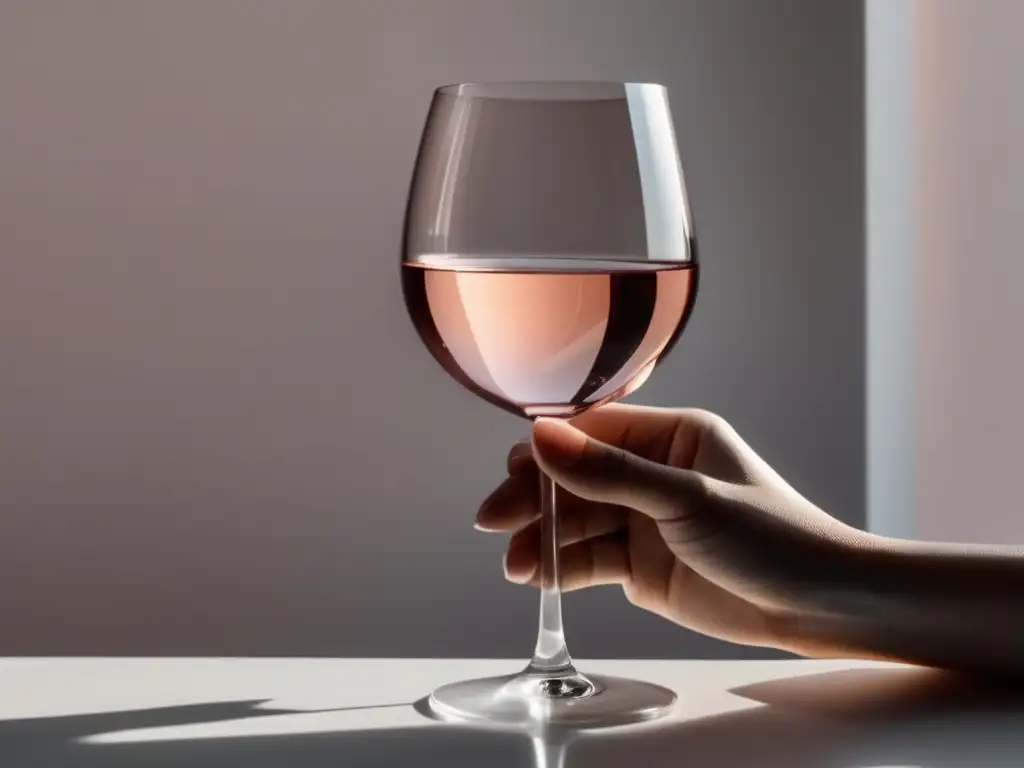 Elaboración vinos rosados: equilibrio perfecto, copa transparente con vino rosa pálido, mano con anillo plateado, luz suave