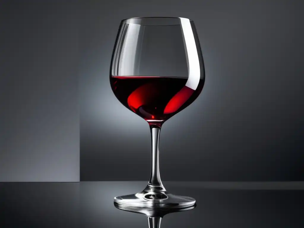 Vinos saludables contra depresión, elegante copa de vino rojo sobre superficie reflectante