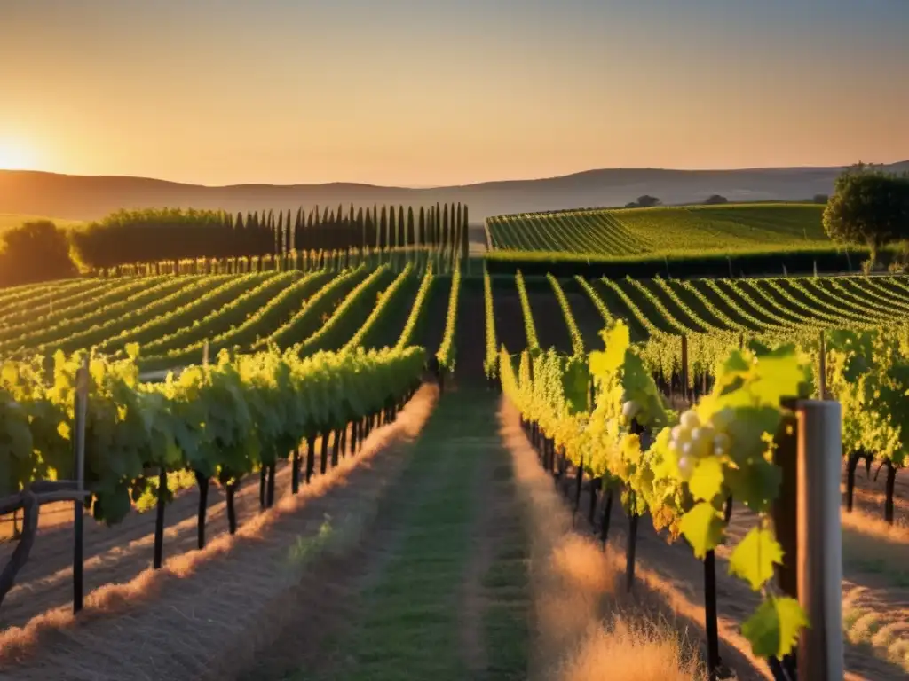 Vinos saludables contra depresión en una serena viña al atardecer