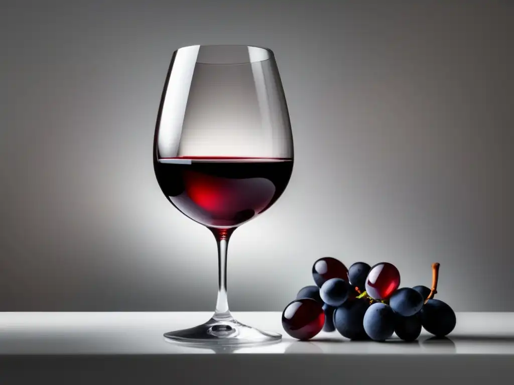 Vinos saludables contra depresión: copa de vino rojo transparente y elegante en superficie blanca