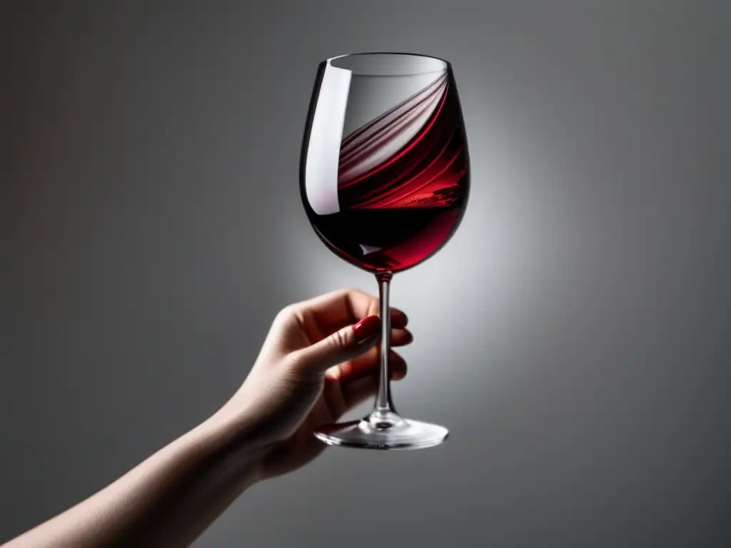 Vinos saludables contra depresión: copa de vino rojo en superficie blanca, mano con anillo, luz suave, tranquilidad