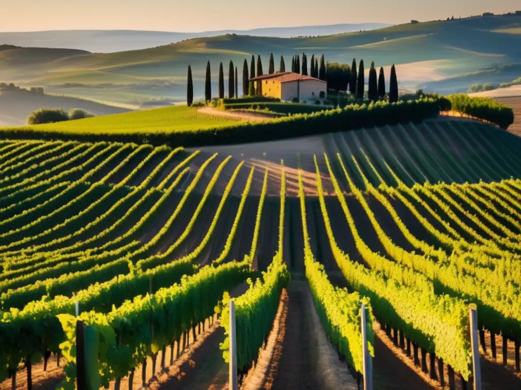 Vinos Sangiovese en Toscana al atardecer en viñedo