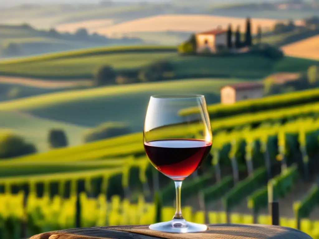 Vinos Sangiovese en Toscana: copa elegante con vino dorado, refleja la belleza de los viñedos verdes