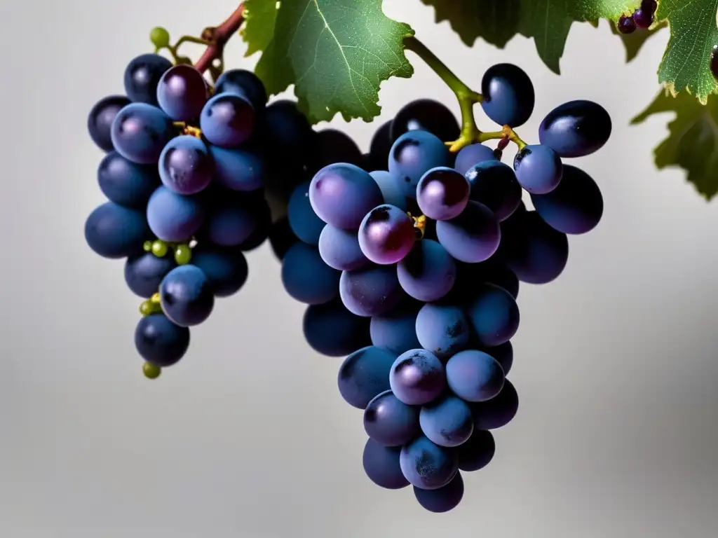 Vinos Sangiovese en Toscana: racimo vibrante y oscuro de uvas Sangiovese, plump y maduras, con textura aterciopelada y detalles intrincados