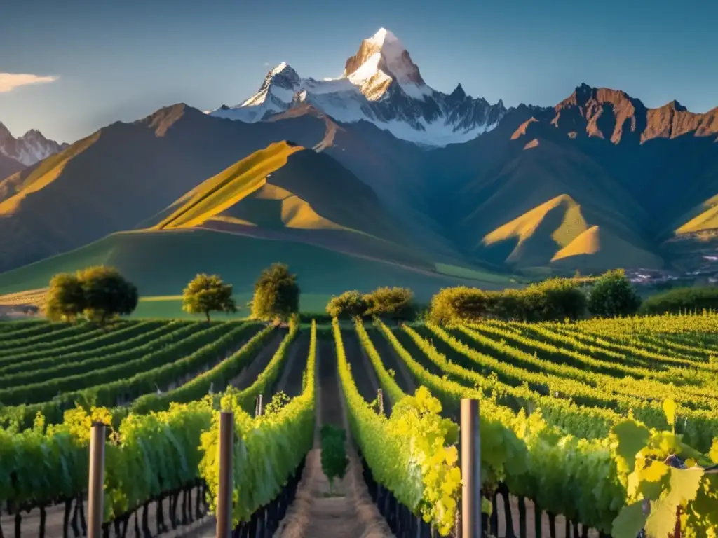 Vinos de América del Sur influenciados por los Andes: imagen de los majestuosos Andes y viñedos en armonía, reflejando la esencia del terroir único