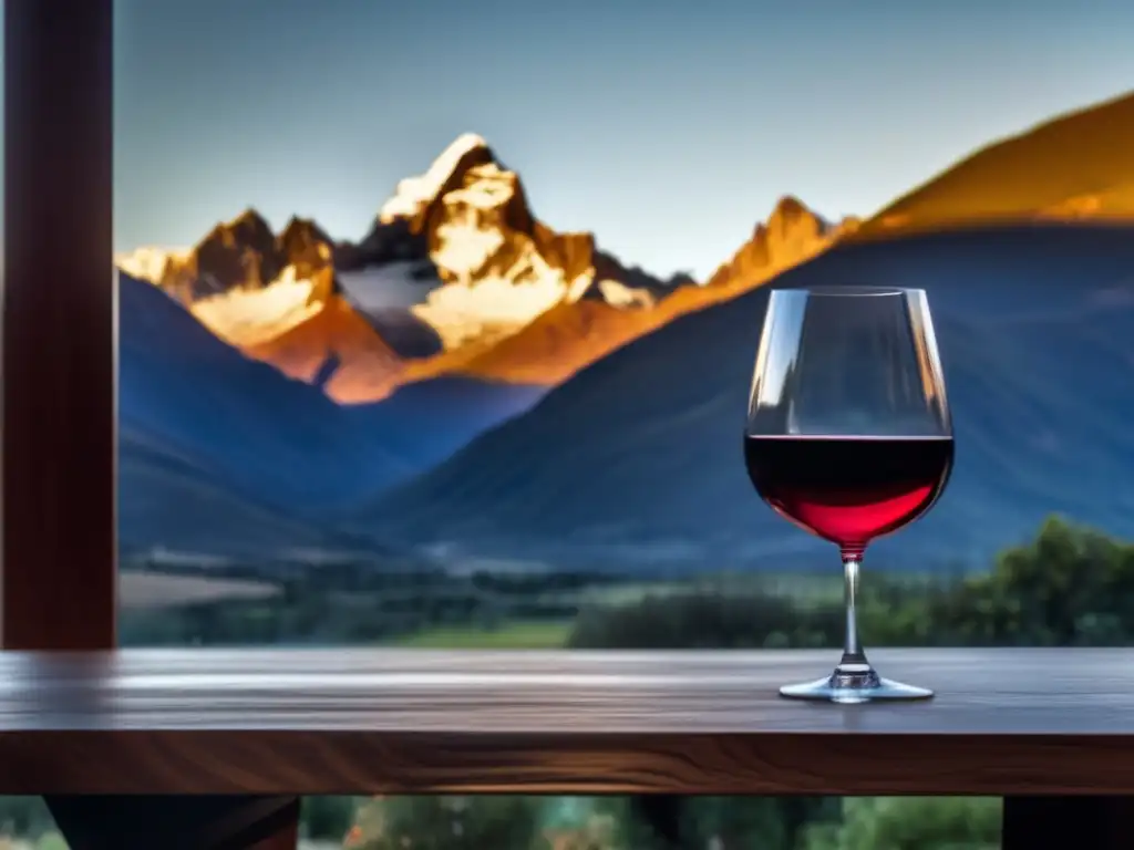 Vinos de América del Sur influenciados por los Andes: Paisaje minimalista con montañas imponentes y una copa de vino en primer plano