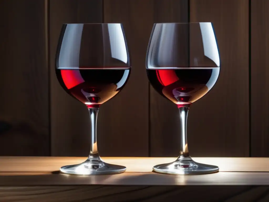 Vinos teatro terroir obras dramáticas - Copas de vino en mesa de madera con luz destacando sombras y luces, destacando elegancia y sofisticación