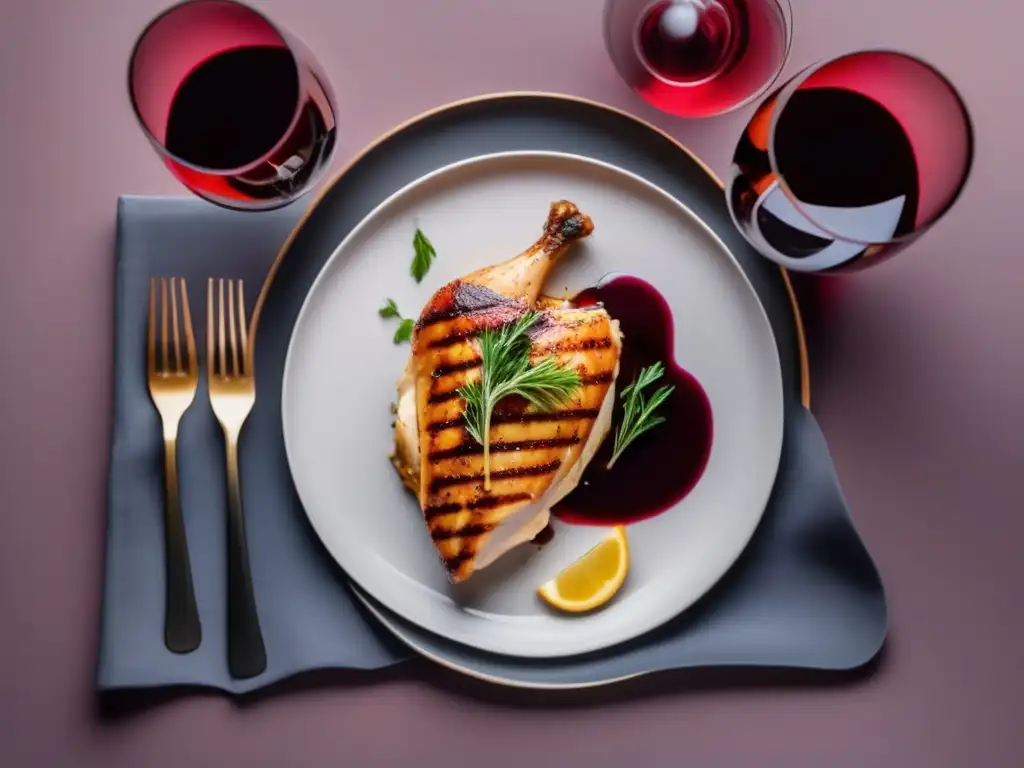 Vinos tintos para carnes blancas: Aromas y texturas - Pollo jugoso y tierno con un dorado crujiente, acompañado de vino tinto intenso