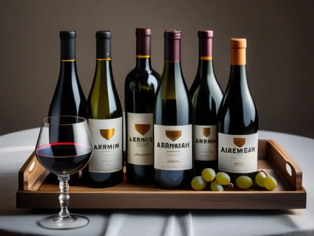 Vinos tradicionales de Armenia y maridajes: Mesa minimalista con botellas de vino armenio, copas y bandeja de madera