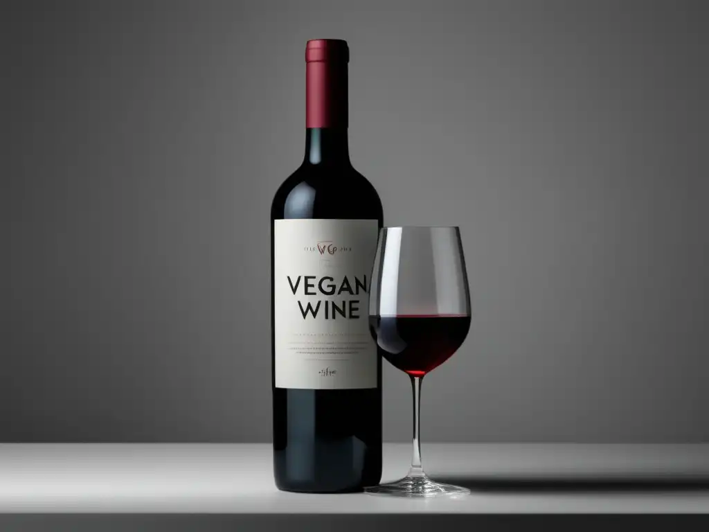 Vinos veganos para armonizar dieta: imagen elegante y minimalista de una botella de vino vegano en una superficie blanca