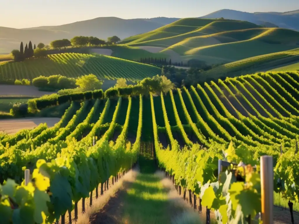 Vinos veganos: Viñedo en luz dorada, viñas verdes, colinas florecidas y bodega en un cielo azul