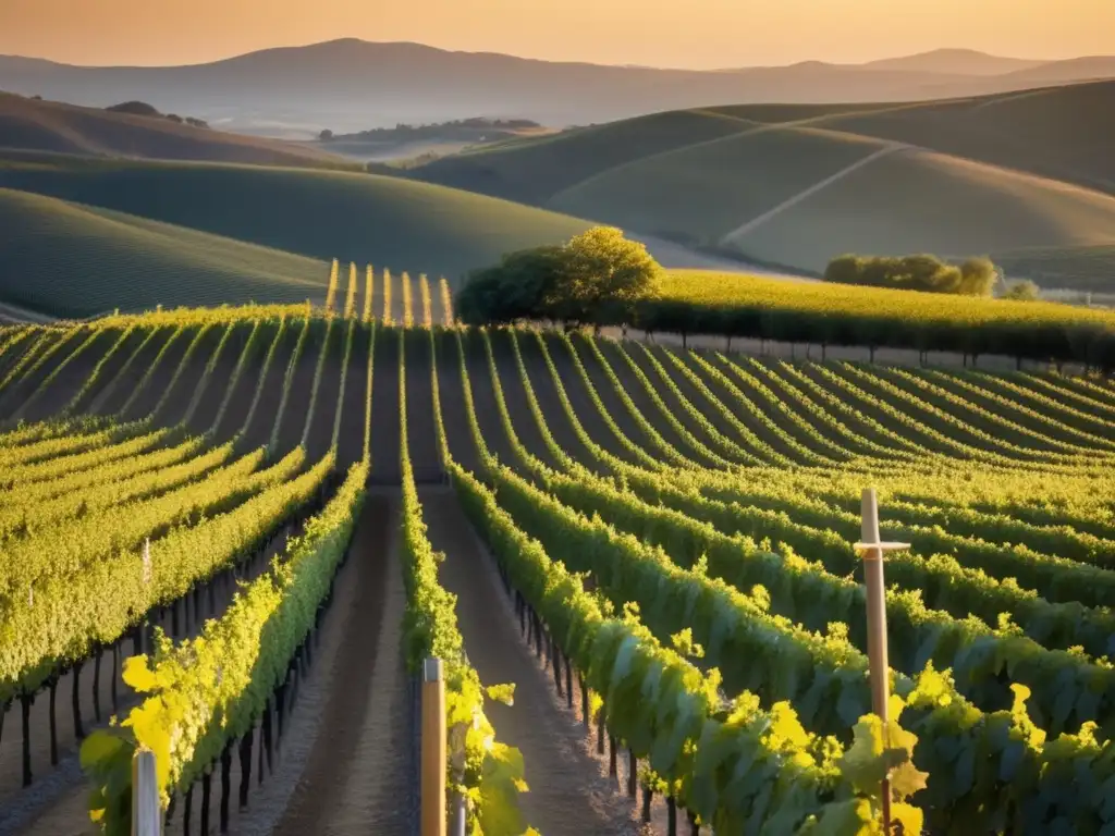 Vinos vendimia tardía, dulzura, paciencia y tradición en una imagen serena y elegante de un viñedo al atardecer