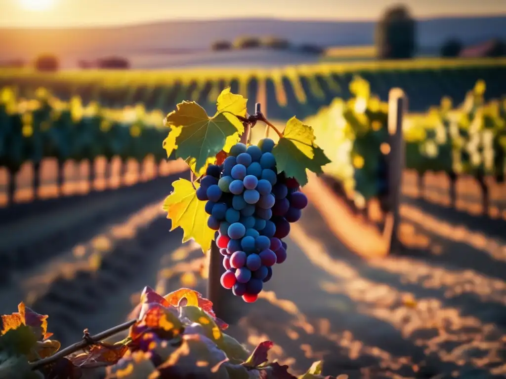 Vinos vendimia tardía: escena detallada de viñedo al atardecer, uvas vibrantes, figura de enólogo, tradición y paciencia