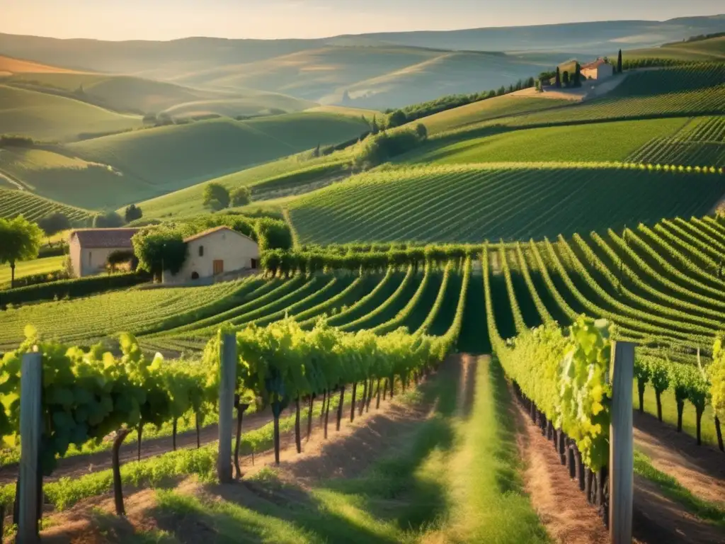 Vinos biodinámicos Europa verde - Imagen impresionante de viñedo francés en 8k, con filas ordenadas de vides verdes vibrantes y paisajes pintorescos