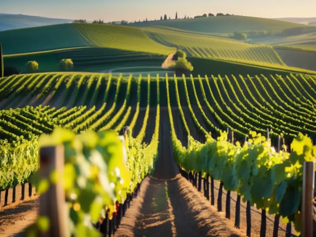 Vinos biodinámicos Europa verde: Viñedo europeo orgánico y sostenible, con filas de vides verdes y vibrantes