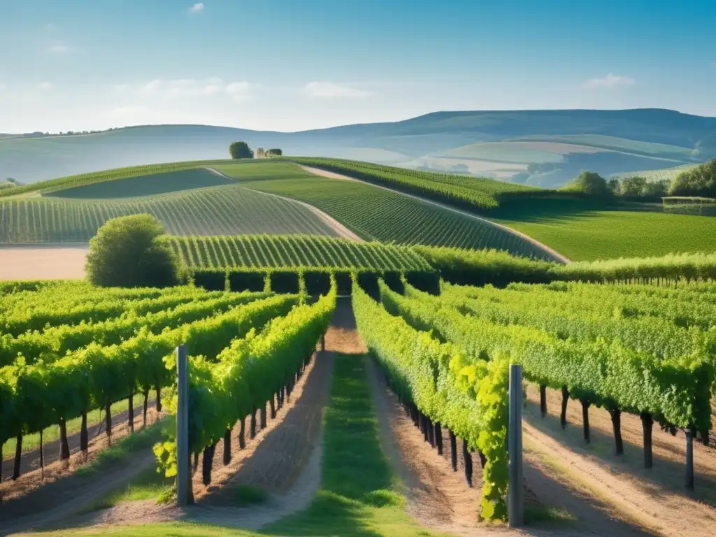 Vinos biodinámicos Europa verde, viñedo exuberante con filas ordenadas de vides verdes y paisaje sereno