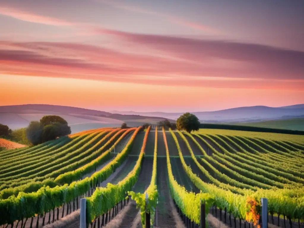 Vinos biodinámicos Europa verde - Viñedo minimalista al atardecer, con filas de vides verdes y cielo naranja y rosa