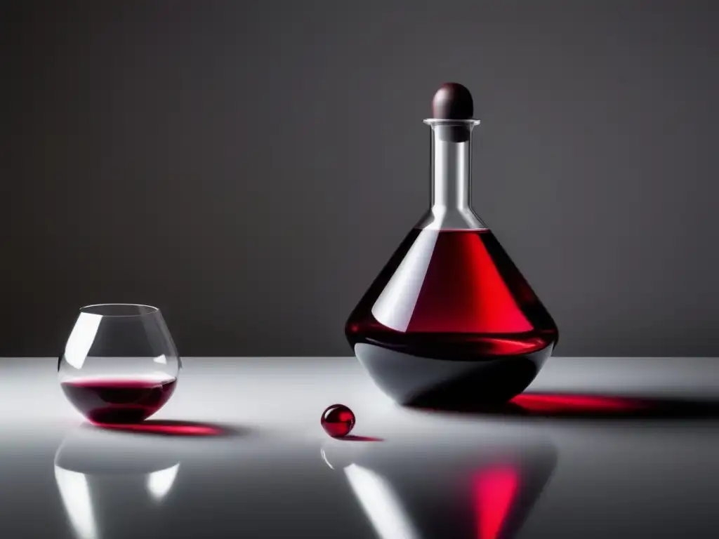 Vinos sin viñedo: caldos de laboratorio - Imagen minimalista con frasco de vidrio lleno de líquido rojo intenso en un entorno de laboratorio limpio y neutro