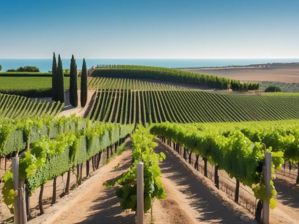 Vinos de Túnez: Un viñedo en detalle, con filas de uvas verdes y un cielo azul sereno