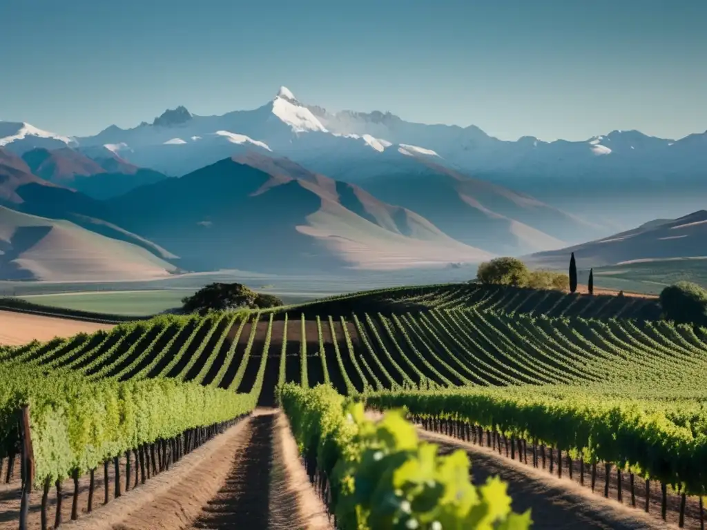 Vinos clima frío América Sur: Viñedo sereno en los Andes, con filas de vides alineadas y nevadas montañas de fondo