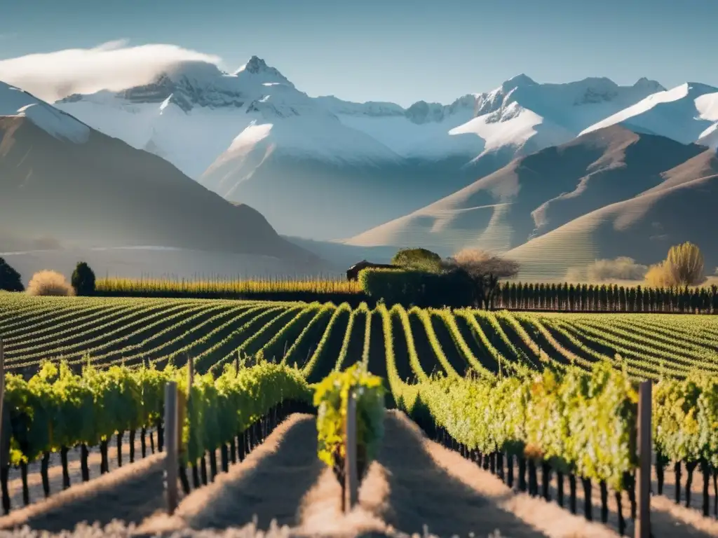 Vinos clima frío América Sur, viñedo sereno entre montañas nevadas, elegancia y sofisticación