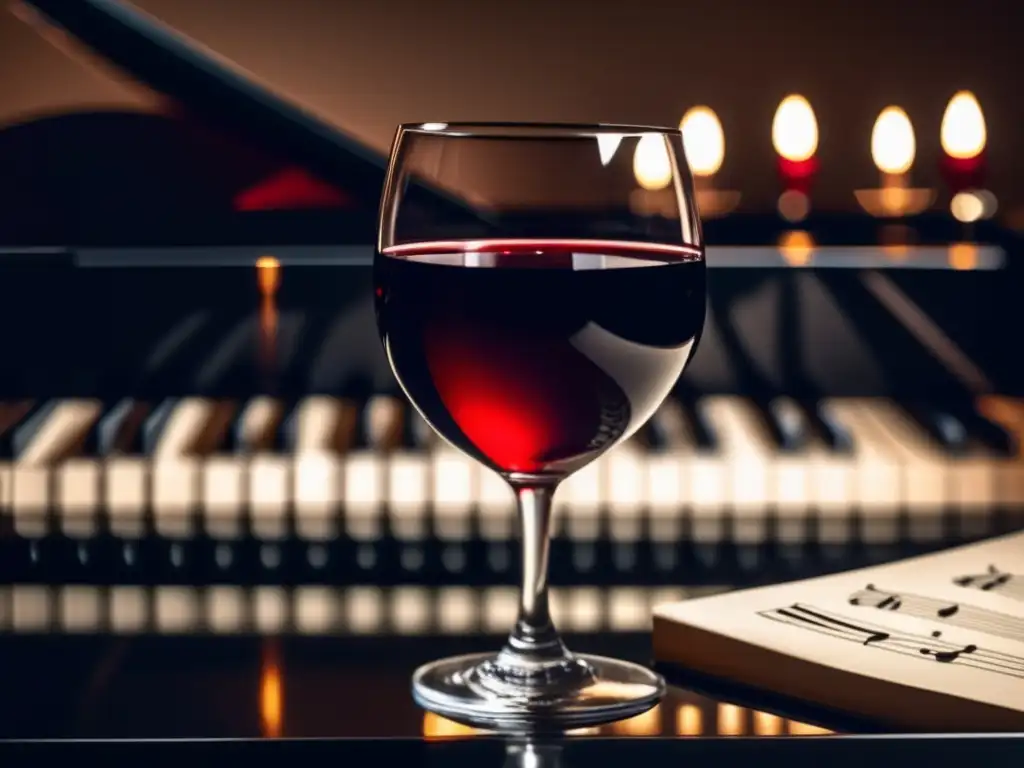 Vinos para acompañar ópera: copa de vino rojo italiano y piano negro