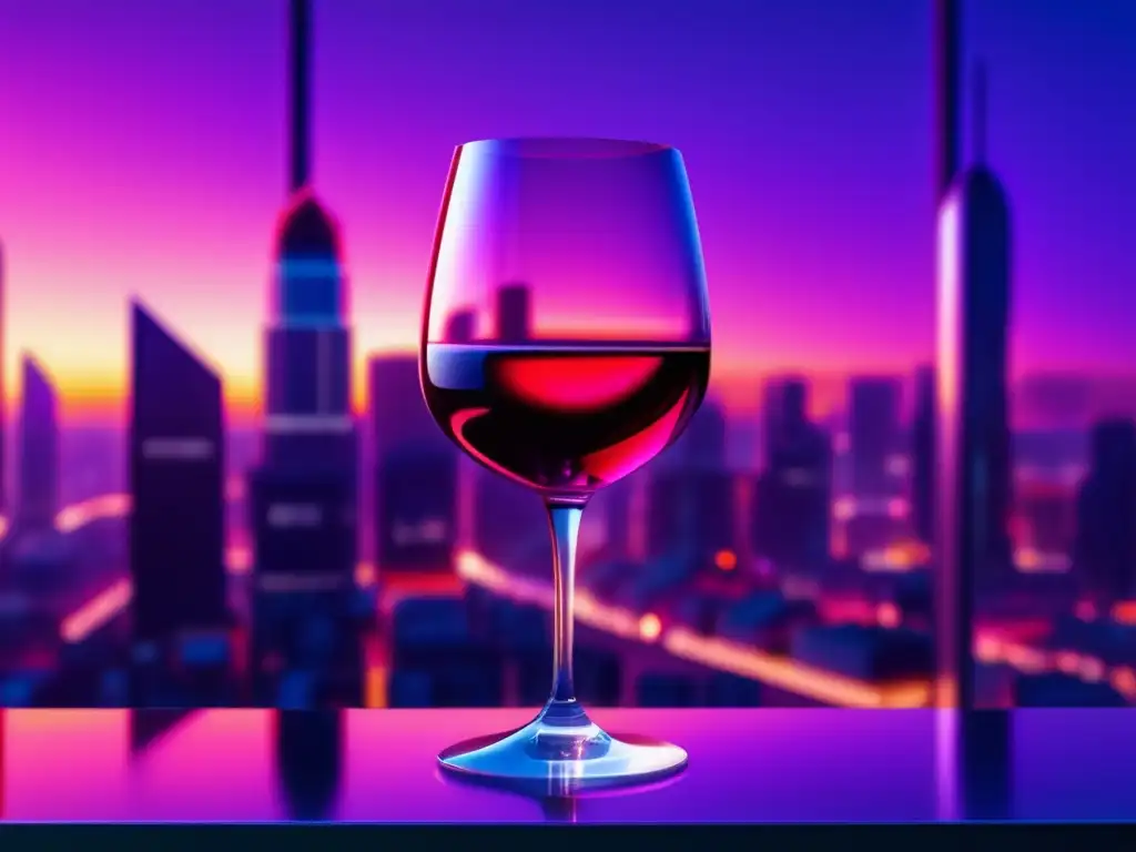 Una visión futurista del vino: un vaso minimalista rodeado de rascacielos iluminados reflejando el intenso color rojo del vino