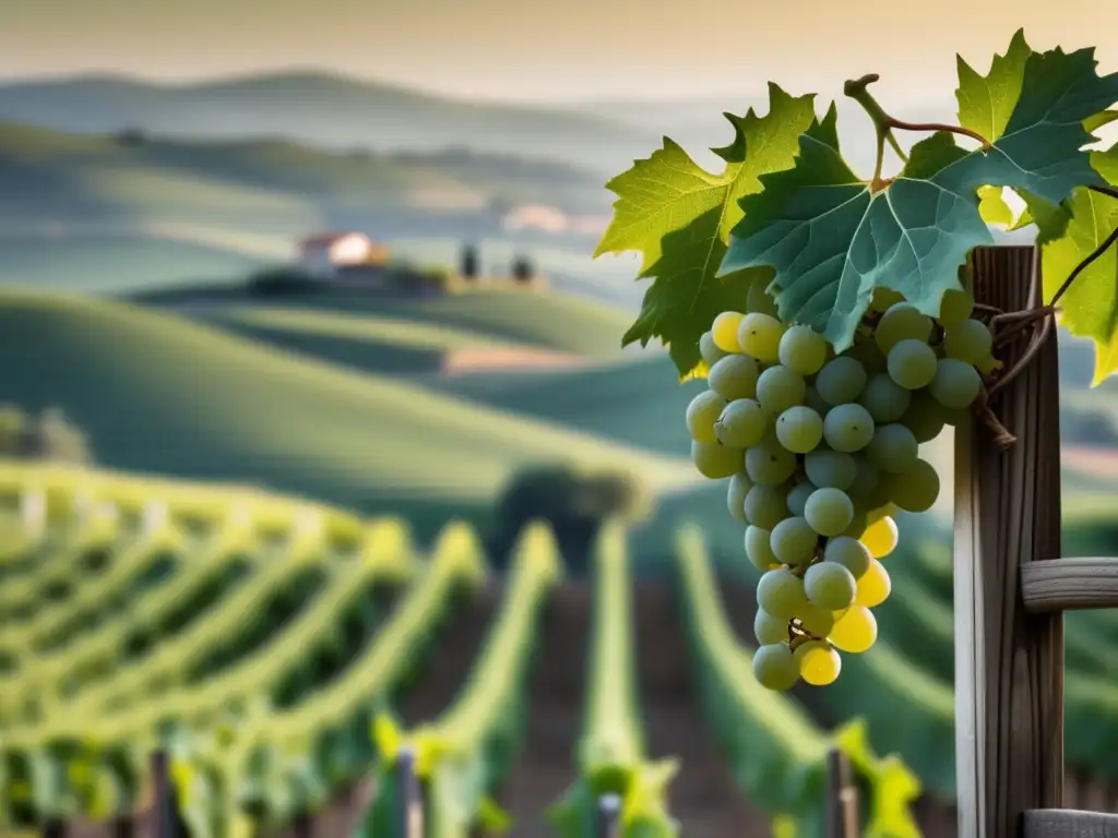 Una vista detallada en 8k de una vid solitaria que se enreda elegantemente en un enrejado contra el telón de fondo de las colinas italianas