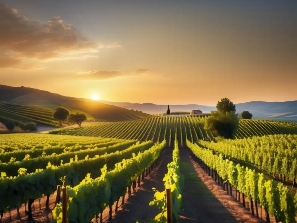 Vista panorámica de viñedos al atardecer, destacando la belleza natural donde se producen vinos tradicionales