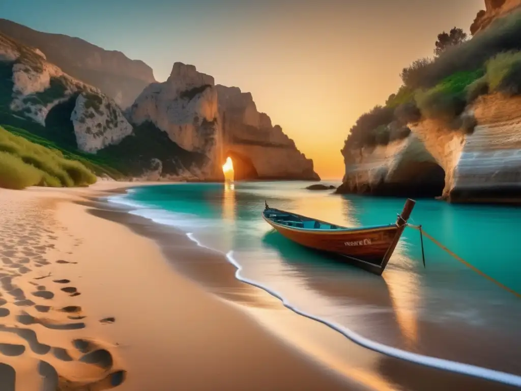 Una vista serena de una playa mediterránea al atardecer, con agua turquesa y arena dorada