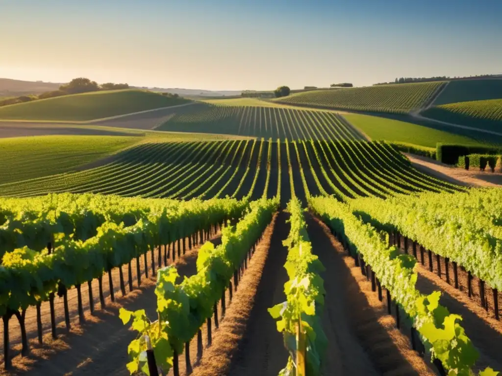 Vista serena de viñedo al atardecer, destacando la hidratación adecuada para degustar vinos