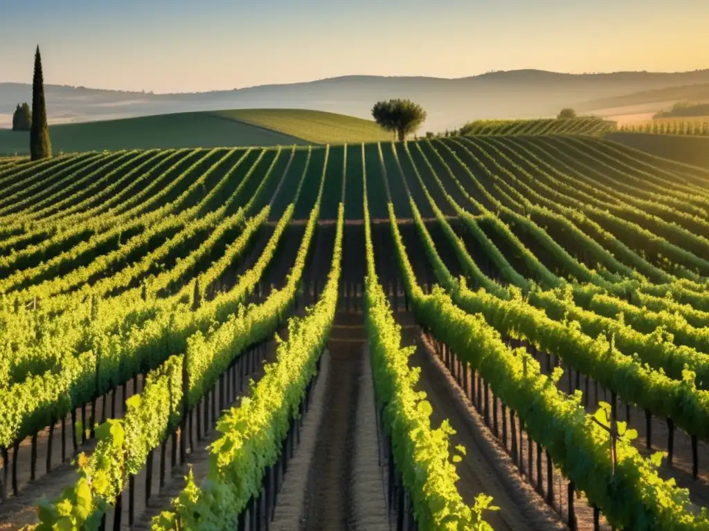 Viticultura moderna en Turquía: Vineyard minimalista en Turquía al amanecer, con vides perfectamente alineadas y paisaje tranquilo