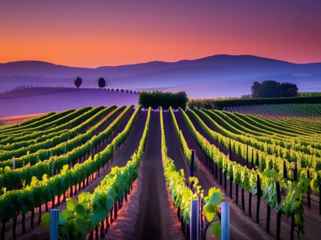 Viticultura de precisión en un viñedo al atardecer