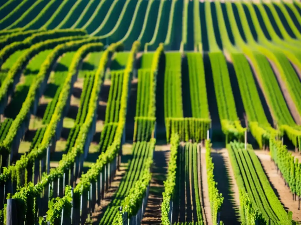 Evolución vitivinicultura Peruana: viñedo minimalista, vides alineadas, paisaje geométrico, colores terrosos